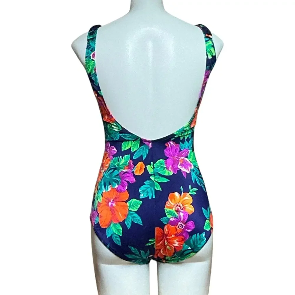 Maxine of Hollywood Made in USA Tropical Floral Swimsuit Skirt Vintage 80s 12